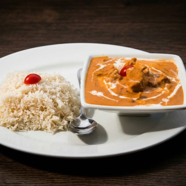 Indian butter chicken with white rice and a cherry tomato on a white plate.