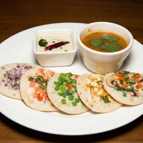 A plate of five Indian uttapam pancakes with various toppings, served with two dipping sauces.