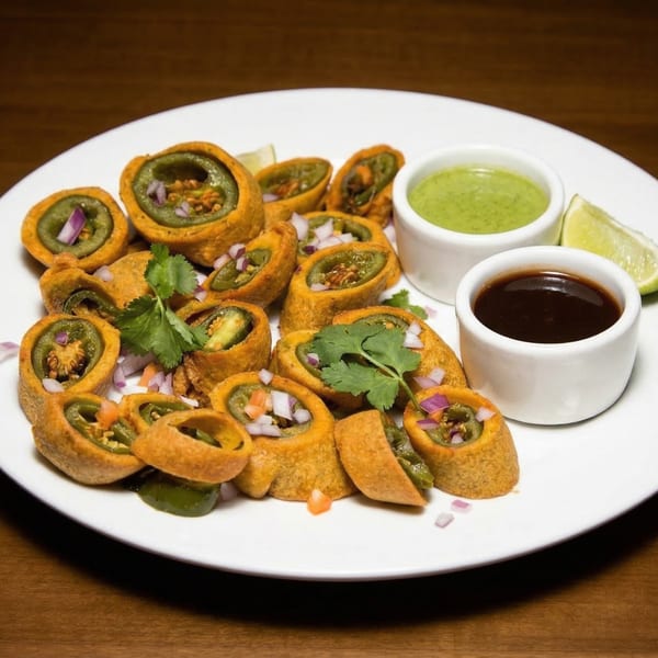 Indian chili fritters, garnished with red onion and cilantro, served with two dipping sauces and lime.