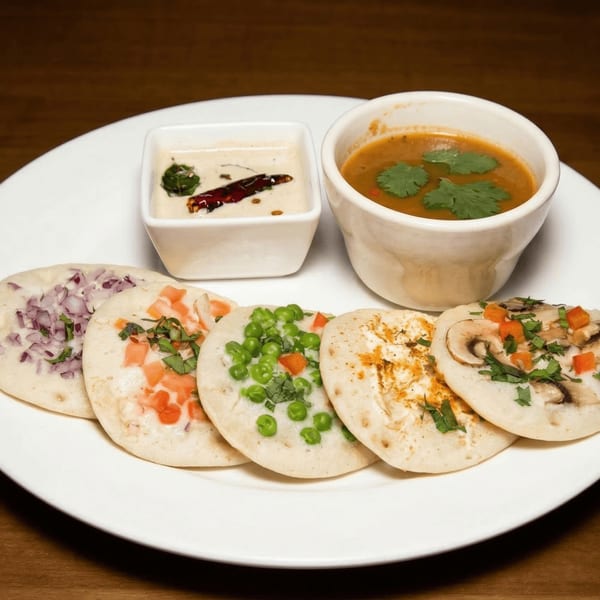 Five mini uttapams with various toppings, chutney, and sambar on a white plate.