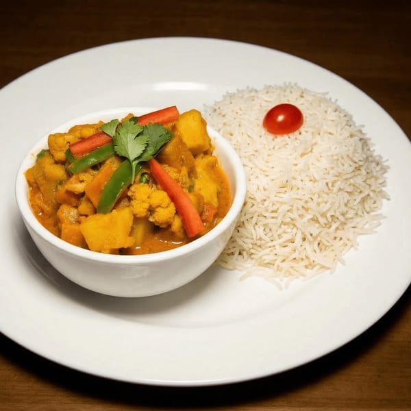 Indian vegetable curry with cauliflower, peppers, and cilantro, served with white rice and a cherry tomato.