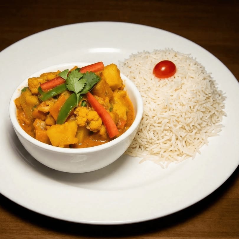Indian vegetable curry with cauliflower, peppers, and cilantro, served with white rice and a cherry tomato.