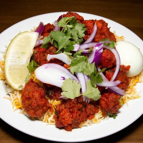 Indian chicken biryani with red chicken pieces, rice, red onions, cilantro, lemon, and a boiled egg.