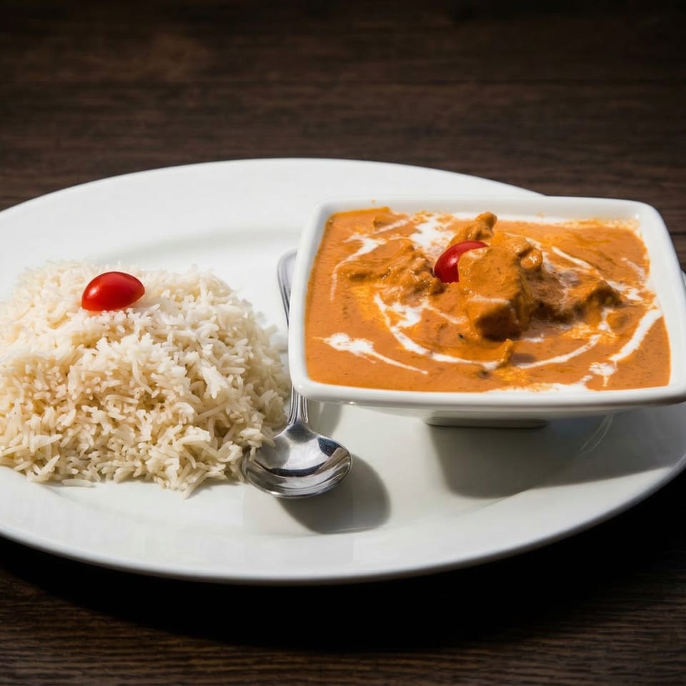 Indian butter chicken with rice and a cherry tomato on a white plate.